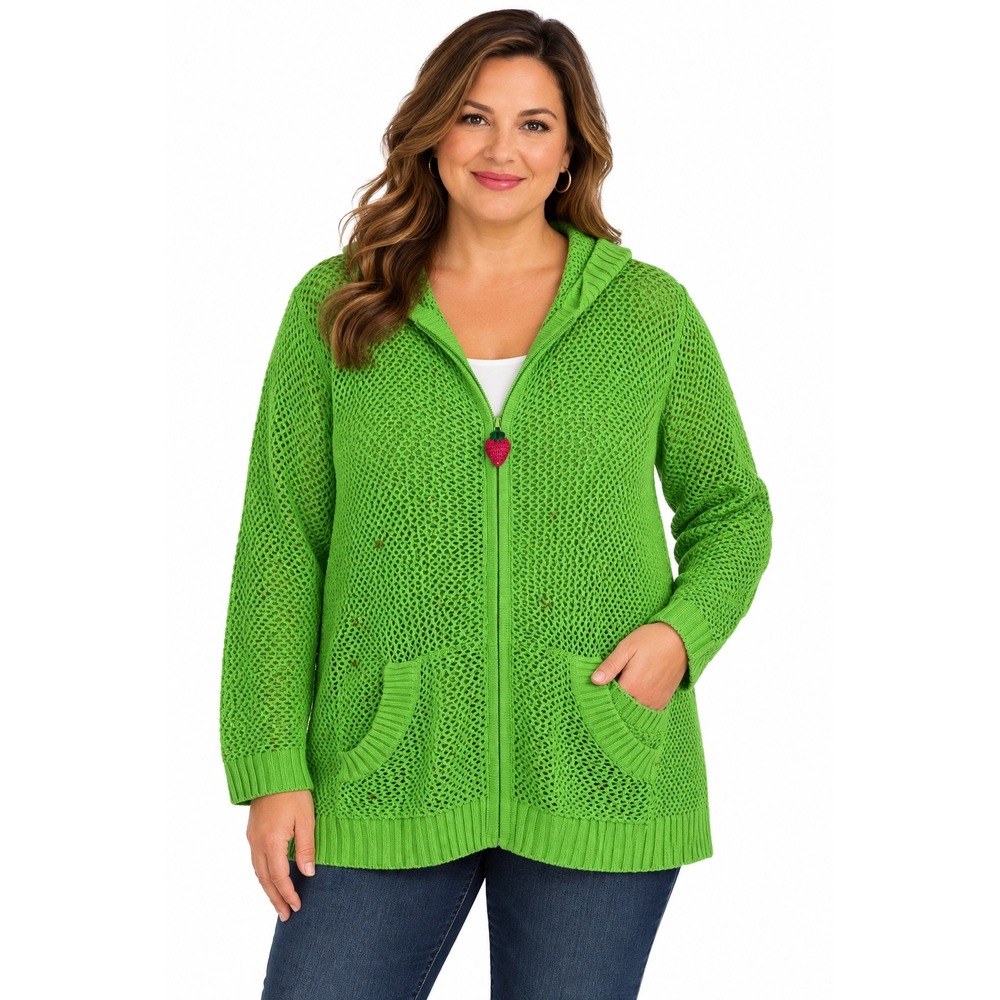 Quacker Factory Green Open Knit Sequin Hoodie Strawberry Crochet Zipper Size XL